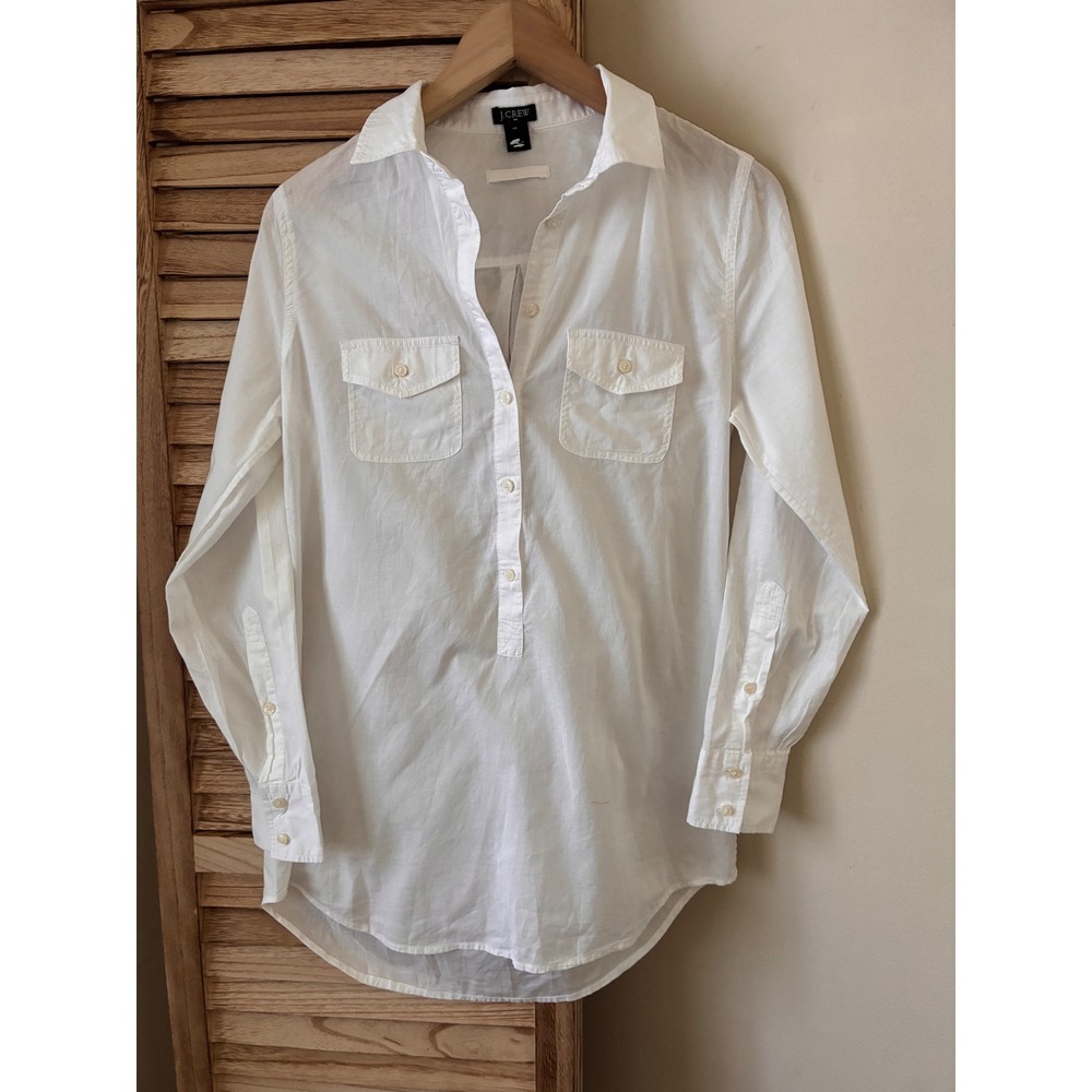 J.Crew Womens White Cotton Poplin Popover Tunic Shirt XS Long Sleeve Button Up